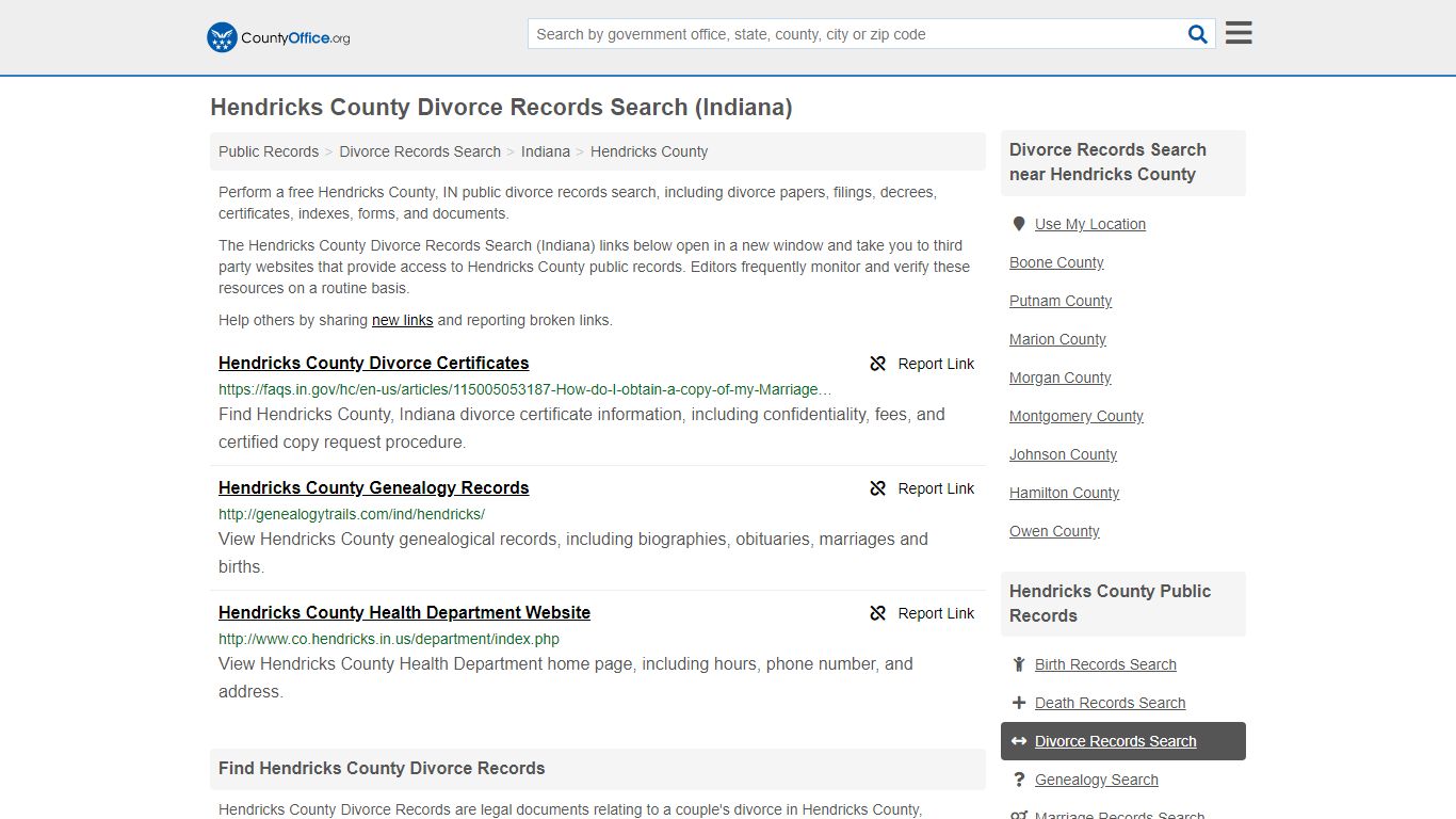 Hendricks County Divorce Records Search (Indiana)